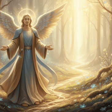 Gentle Archangel Michael surrounded by soft gold and blue light beside a quiet glowing path.