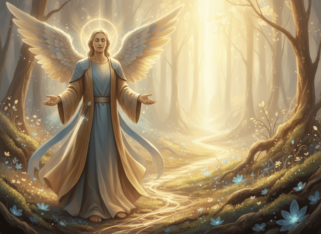 Gentle Archangel Michael surrounded by soft gold and blue light beside a quiet glowing path.