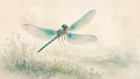Watercolor dragonfly with iridescent wings hovering over a soft green meadow under gentle light