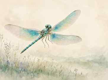 Watercolor dragonfly with iridescent wings hovering over a soft green meadow under gentle light