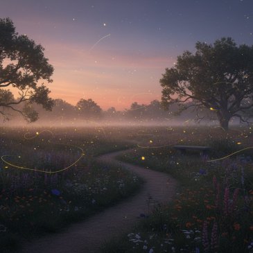 Warm golden fireflies glowing over a quiet field at dusk.