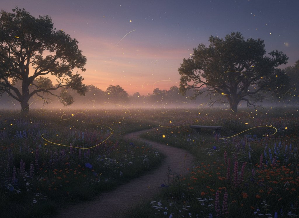 Warm golden fireflies glowing over a quiet field at dusk.