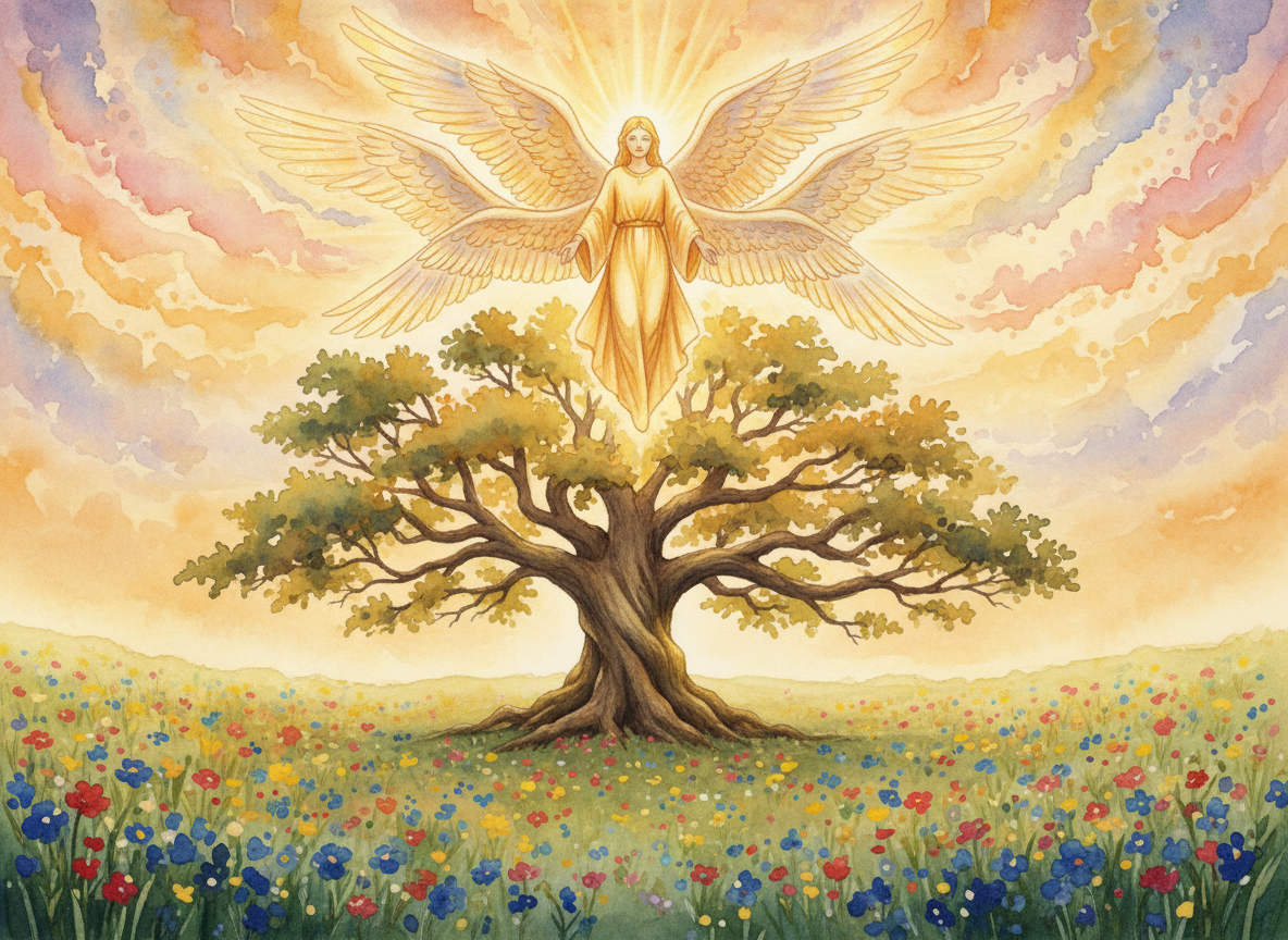 Ancient tree in a flower meadow with a radiant six-winged gold Seraphim angel in the sky