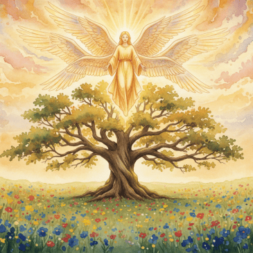 Quiet tree with a six-winged gold Seraphim in soft morning light