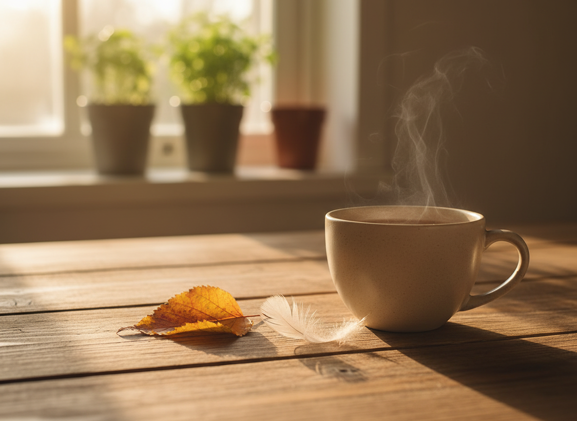 Soft morning light on a kitchen table with a cup of tea, a small white feather and a leaf