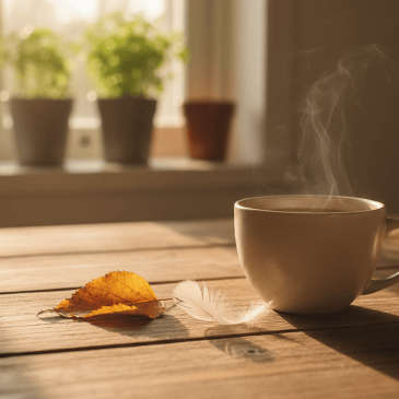 Soft morning light on a kitchen table with a cup of tea, a small white feather and a leaf