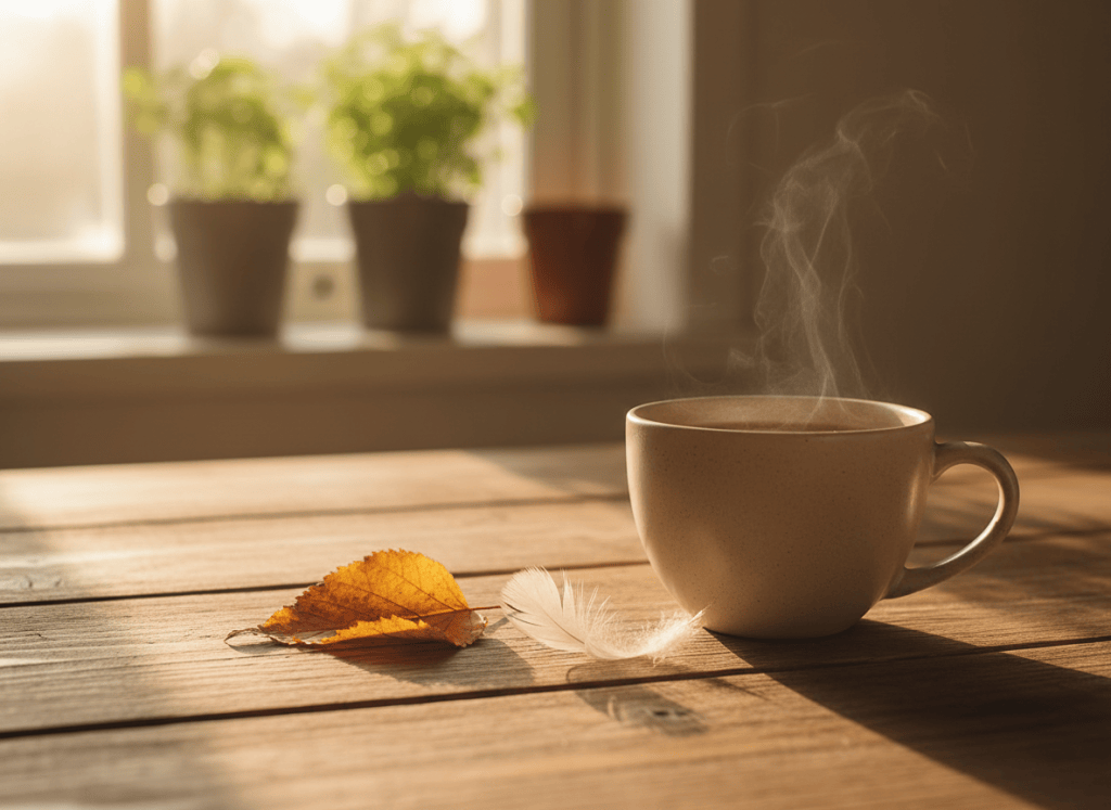 Soft morning light on a kitchen table with a cup of tea, a small white feather and a leaf