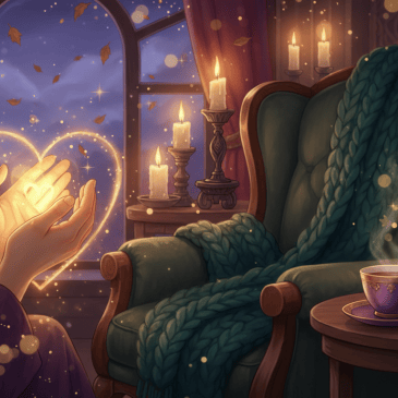 Glowing hands filled with golden Reiki light by candlelight on a cozy autumn evening, with sparkles and soft fairy-light bokeh