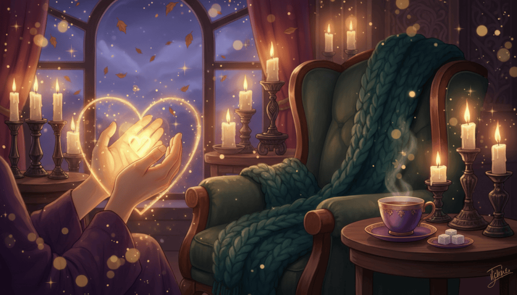 Glowing hands filled with golden Reiki light by candlelight on a cozy autumn evening, with sparkles and soft fairy-light bokeh