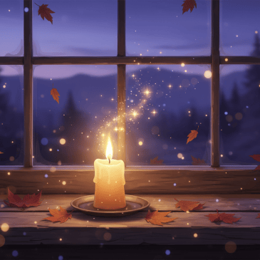 A candle glowing on a windowsill at dusk, with autumn leaves and a soft golden angel light