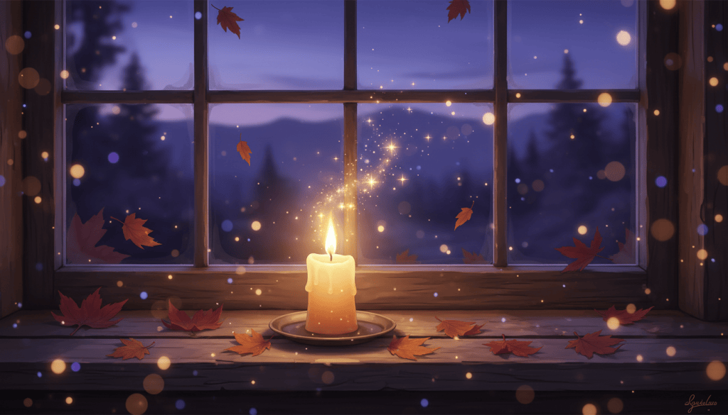 A candle glowing on a windowsill at dusk, with autumn leaves and a soft golden angel light