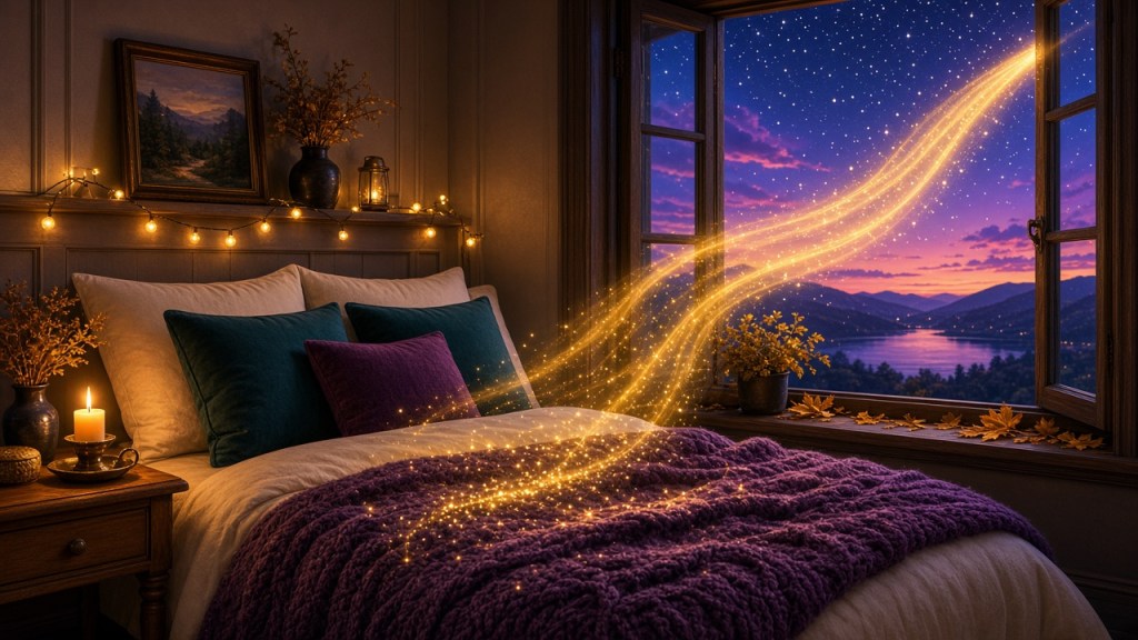 A cozy candlelit bedroom at dusk with a soft purple blanket, as a gentle ribbon of golden healing light flows in through an open window under a starry sky