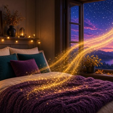 A cozy candlelit bedroom at dusk with a soft purple blanket, as a gentle ribbon of golden healing light flows in through an open window under a starry sky