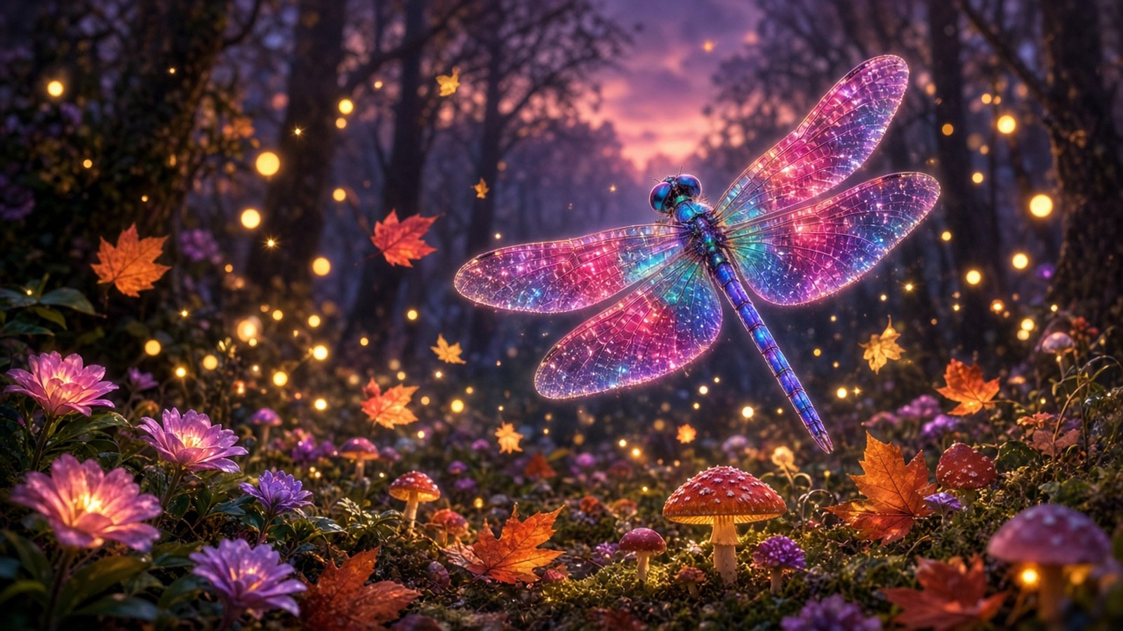 A glowing dragonfly with jewel-toned wings in an October forest