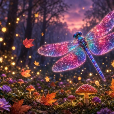 A glowing dragonfly with stained-glass wings in a golden October forest