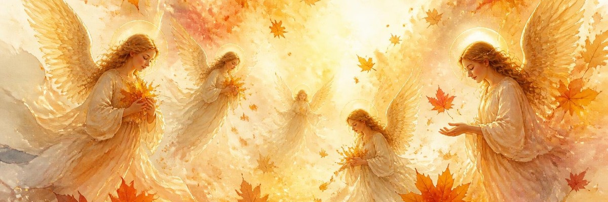 Soft watercolor of gentle golden angels among drifting autumn leaves in gold, orange and red