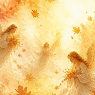 Soft watercolor of gentle golden angels among drifting autumn leaves in gold, orange and red