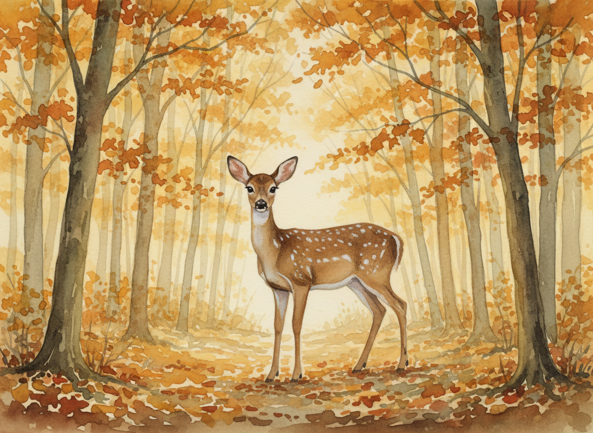 Soft watercolor of a gentle deer standing at the edge of an autumn forest in warm golden light