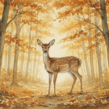 Soft watercolor of a gentle deer standing at the edge of an autumn forest in warm golden light
