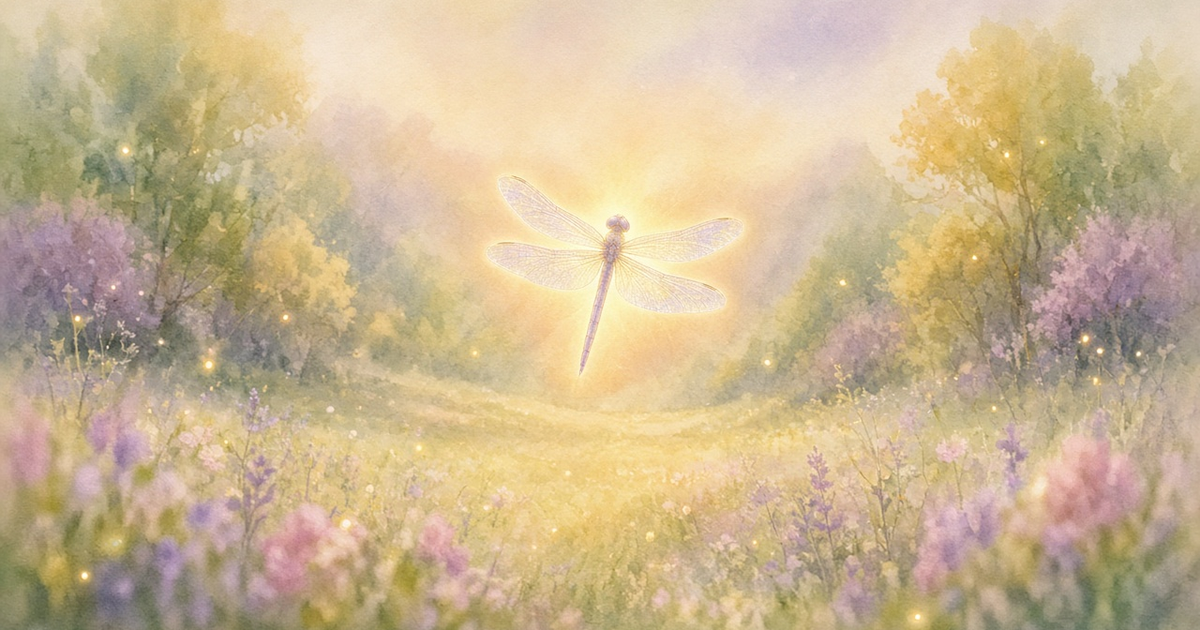 Watercolor dragonfly with a soft golden glow hovering over a gentle meadow with fireflies