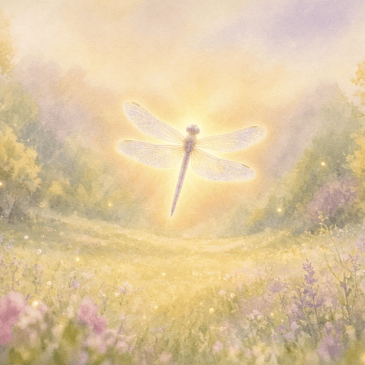 Watercolor dragonfly with a soft golden glow hovering over a gentle meadow with fireflies