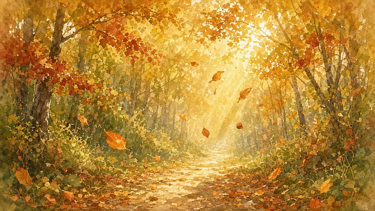 Soft watercolor of golden autumn leaves falling on a forest path with a gentle angelic glow