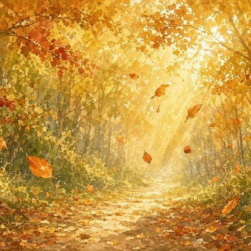 Soft watercolor of golden autumn leaves falling on a forest path with a gentle angelic glow