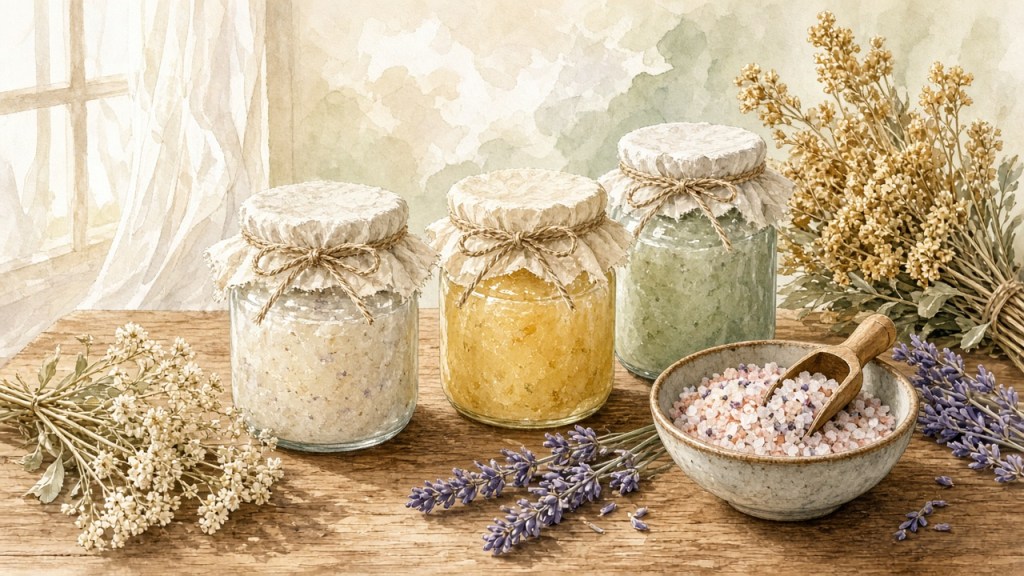 soft watercolor of handmade herbal jars, herbs and bath salts