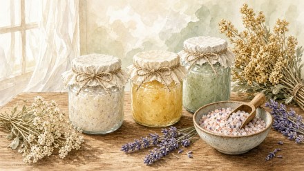 Soft watercolor of handmade herbal jars, herbs and bath salts