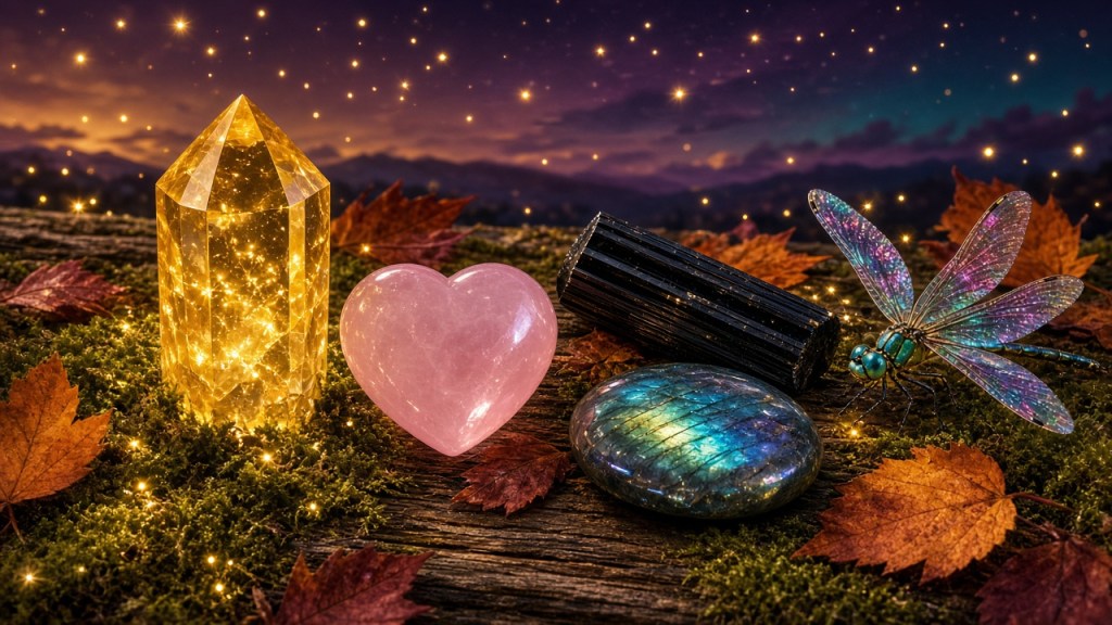 Gentle crystals for Mercury retrograde: glowing citrine, a rose quartz heart, black tourmaline and labradorite resting on moss among autumn leaves under a starry evening sky