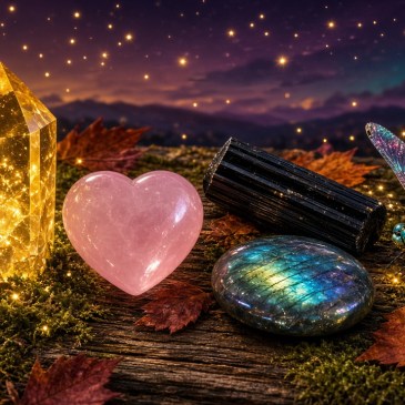 Gentle crystals for Mercury retrograde: glowing citrine, a rose quartz heart, black tourmaline and labradorite resting on moss among autumn leaves under a starry evening sky