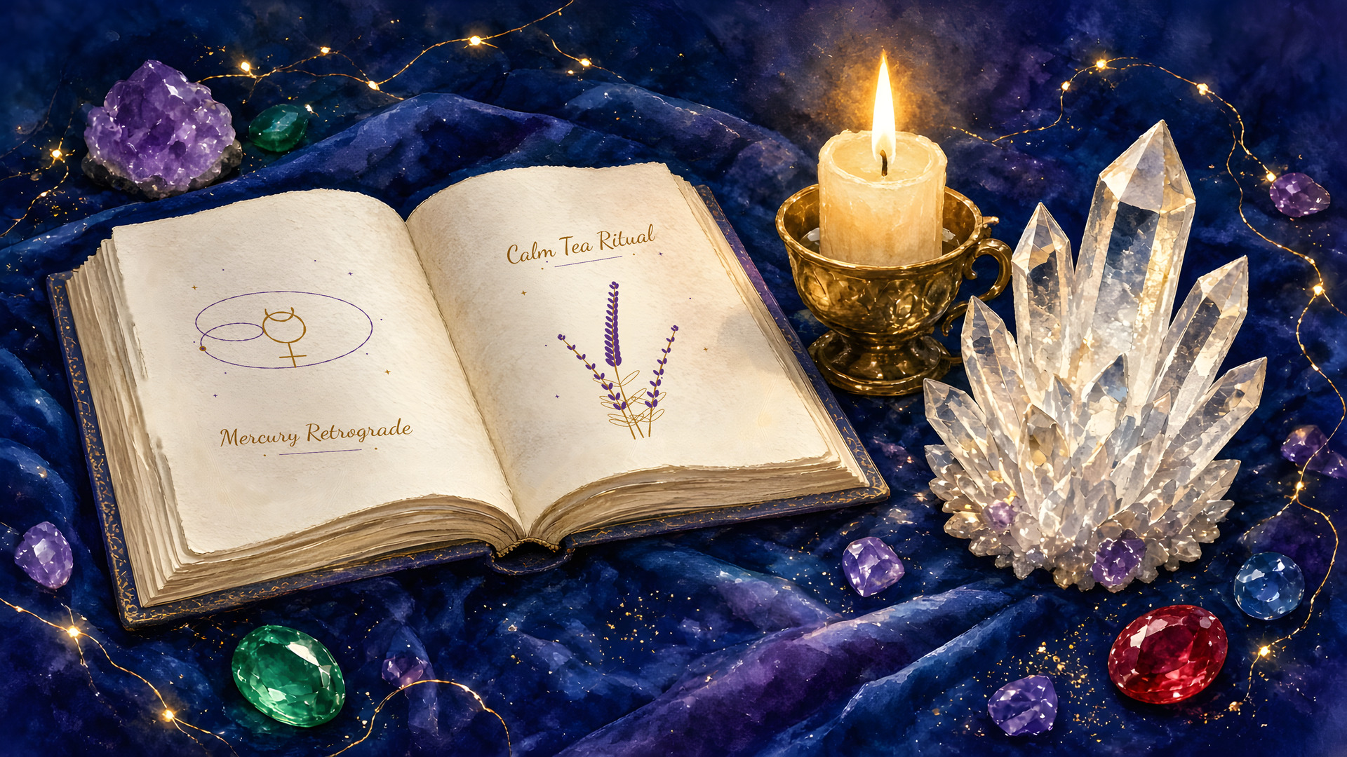 An open book with a Mercury symbol and a sprig of lavender drawn on its pages, with the handwritten words Mercury Retrograde and Calm Tea Ritual, beside a lit candle in a brass holder and a clear quartz crystal cluster, with gemstones and fairy lights on deep blue velvet in soft golden light