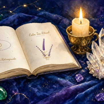 An open book with a Mercury symbol and a sprig of lavender drawn on its pages, with the handwritten words Mercury Retrograde and Calm Tea Ritual, beside a lit candle in a brass holder and a clear quartz crystal cluster, with gemstones and fairy lights on deep blue velvet in soft golden light