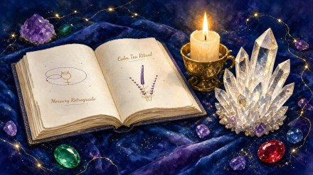 An open book with a Mercury symbol and a sprig of lavender, with the words Mercury Retrograde and Calm Tea Ritual, beside a lit candle and a clear quartz crystal in soft golden light