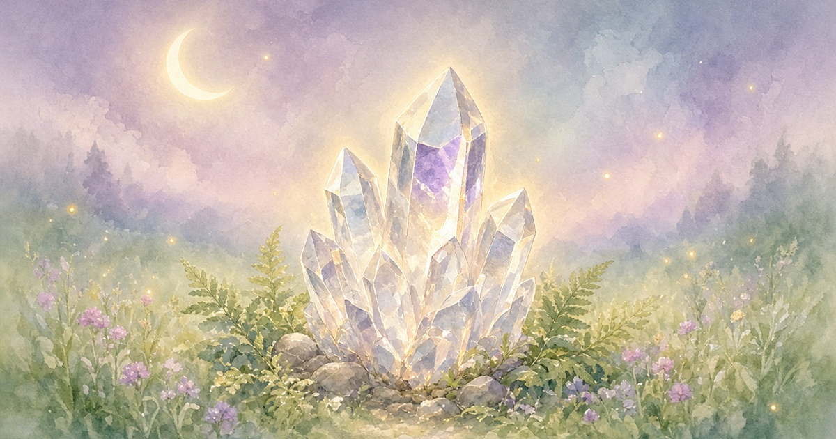 Watercolor clear quartz cluster glowing with soft moonlight and golden light, surrounded by ferns and wildflowers under a crescent moon with fireflies