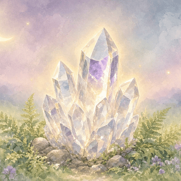 Watercolor clear quartz cluster glowing with soft moonlight and golden light, surrounded by ferns and wildflowers under a crescent moon with fireflies