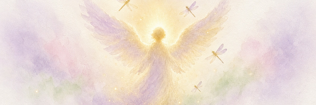 Soft golden angel with wings, dragonflies and fireflies