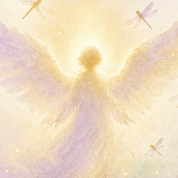 Soft golden angel with wings, dragonflies and fireflies