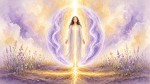 soft watercolor of a figure in a column of white and gold light inside a violet bubble