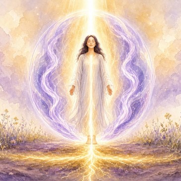 soft watercolor of a figure in a column of white and gold light inside a violet bubble
