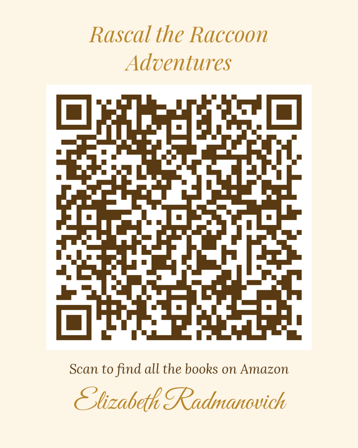 QR code to Elizabeth Radmanovich's Amazon author page with all the Rascal the Raccoon books