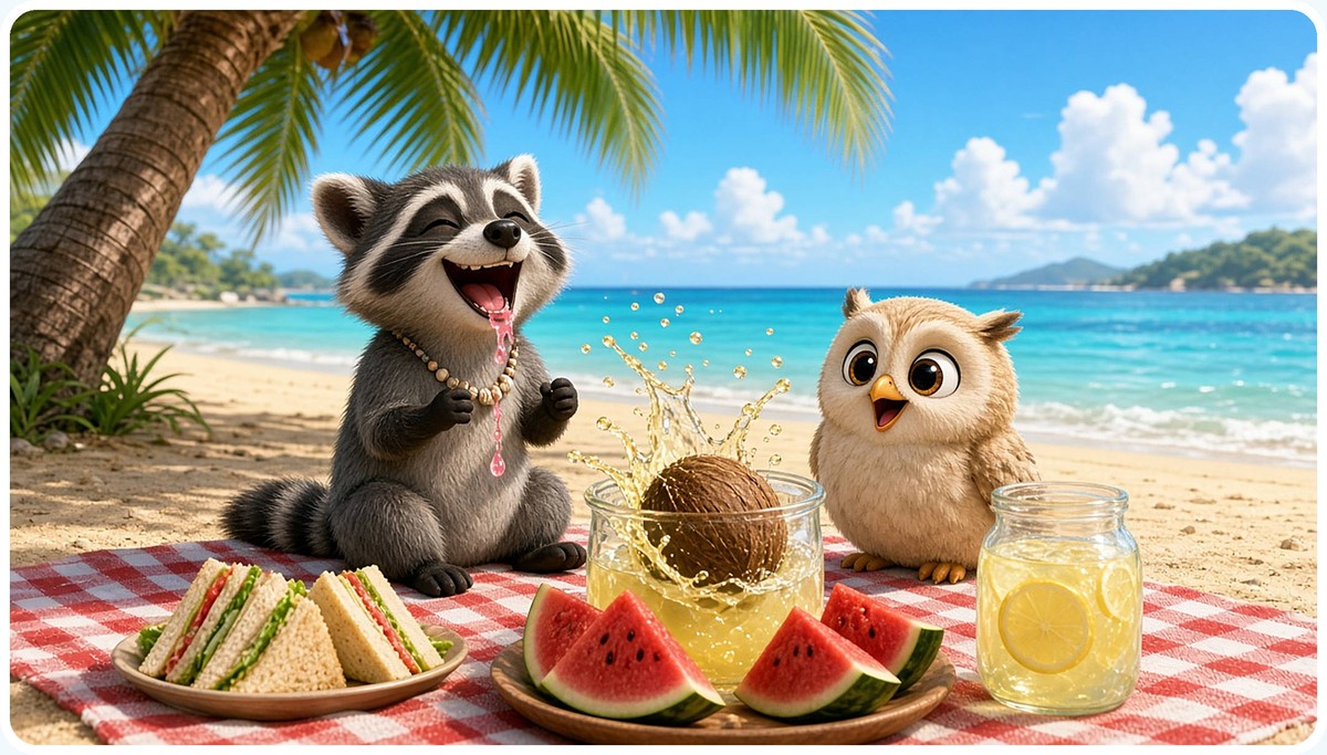 Rascal laughs with a watermelon mustache as a coconut splashes into the lemonade at a beach picnic with Luna