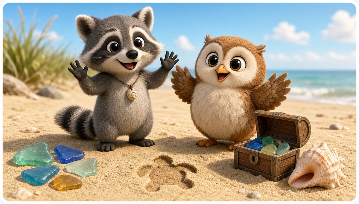 Rascal and Luna cheer beside a little treasure chest and colorful sea glass on the sand