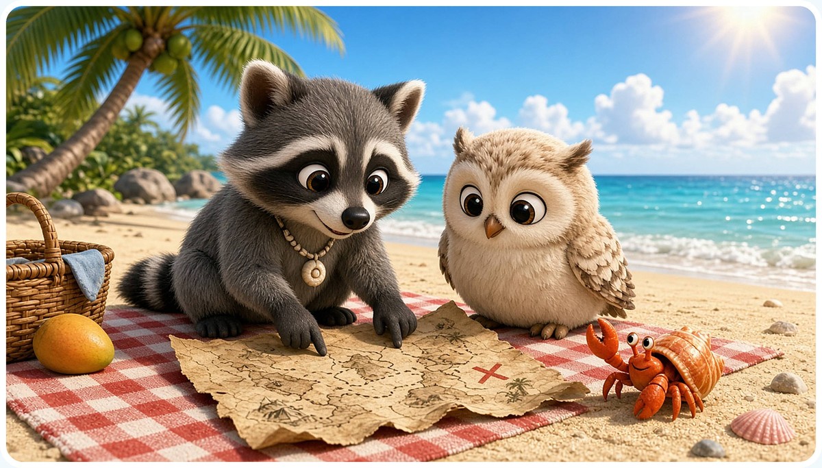 Rascal and Luna study an old treasure map on the picnic blanket while Pebble the hermit crab watches