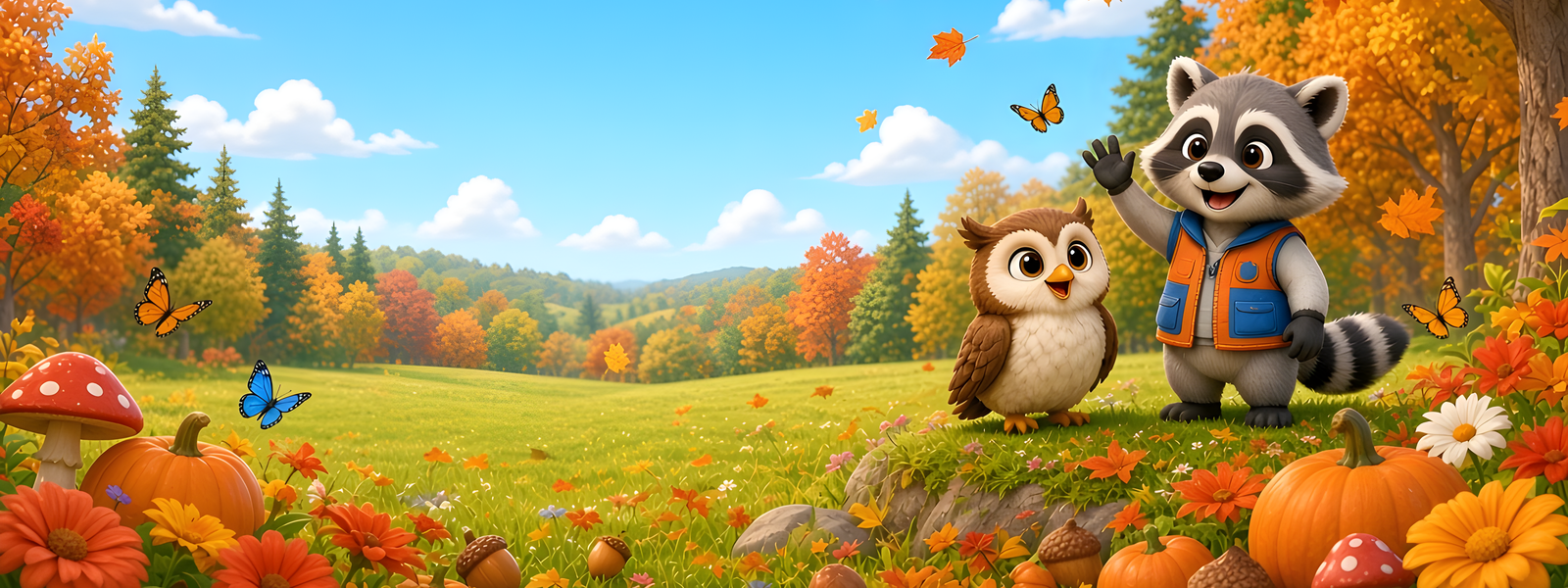 Rascal the raccoon waving beside his owl friend Luna in an autumn meadow with pumpkins, falling leaves and butterflies