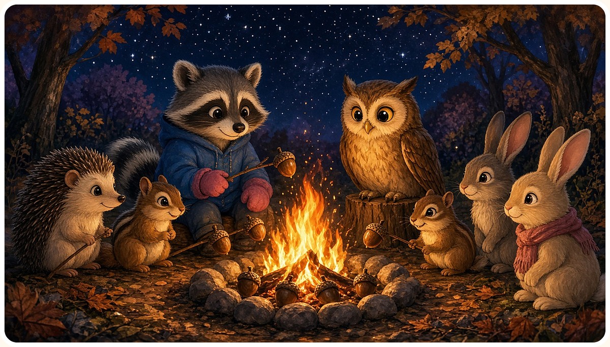 Rascal, Luna and their woodland friends roast acorns around a crackling campfire under the stars