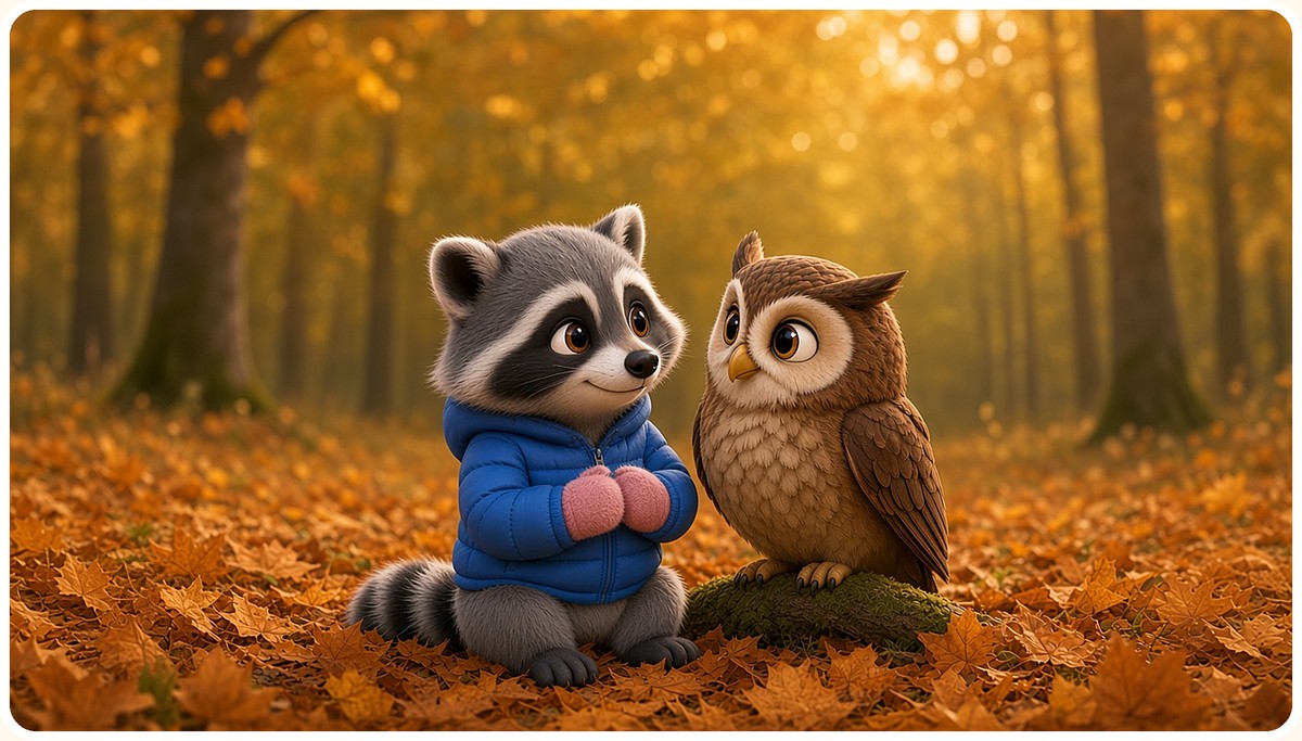 Rascal the raccoon in his blue jacket stands with Luna the owl among golden autumn leaves
