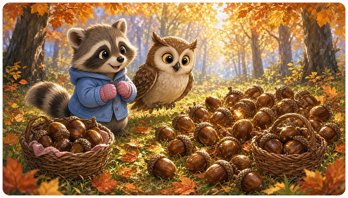 Rascal and Luna smile beside baskets in a sunny clearing full of big shiny acorns