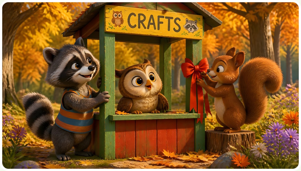 Rascal in his striped vest and Luna at their little green craft stall while Pip the squirrel ties on a red bow