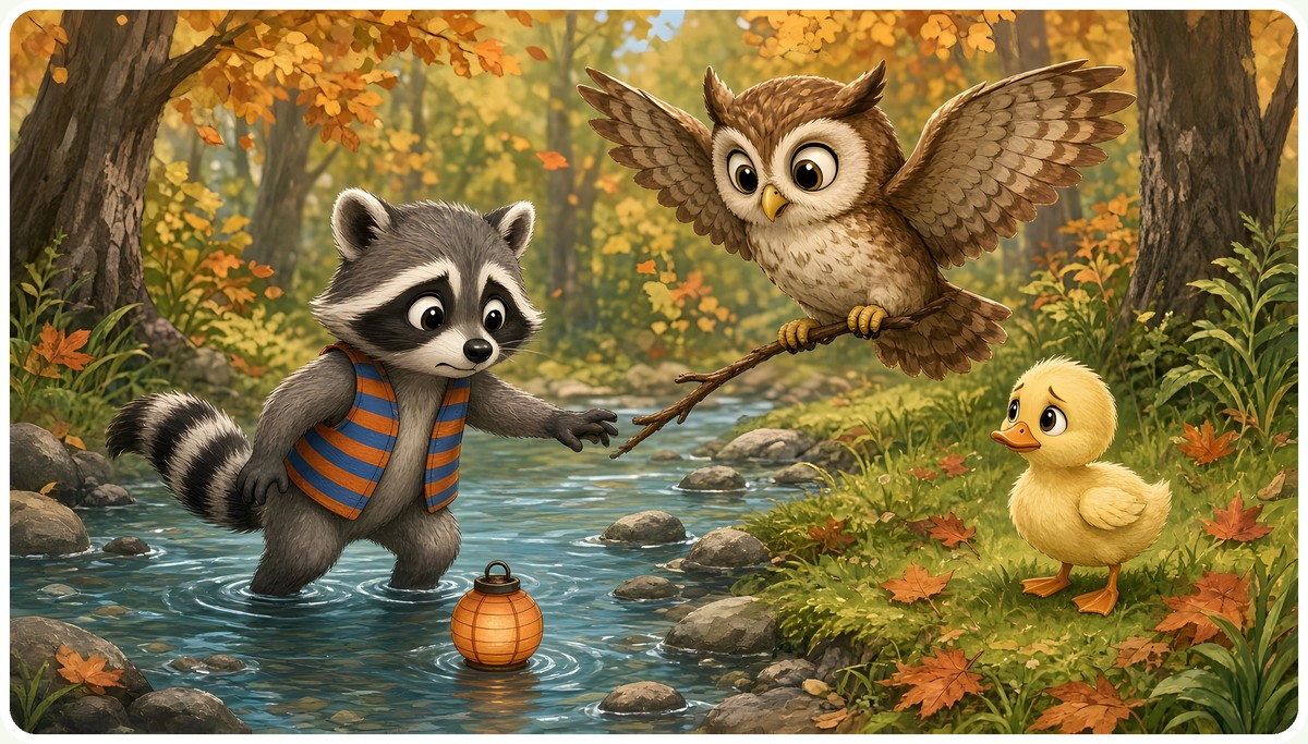 Rascal wades into the brook as Luna holds out a stick to rescue Dot the duckling's paper lantern